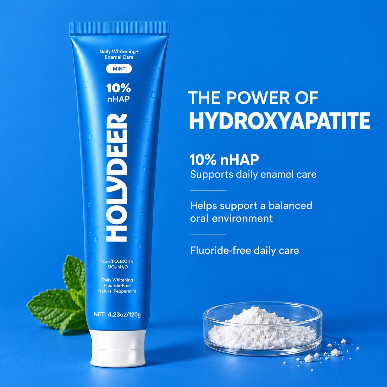 HOLYDEER 10% nHAP fluoride-free mint toothpaste with mint leaves