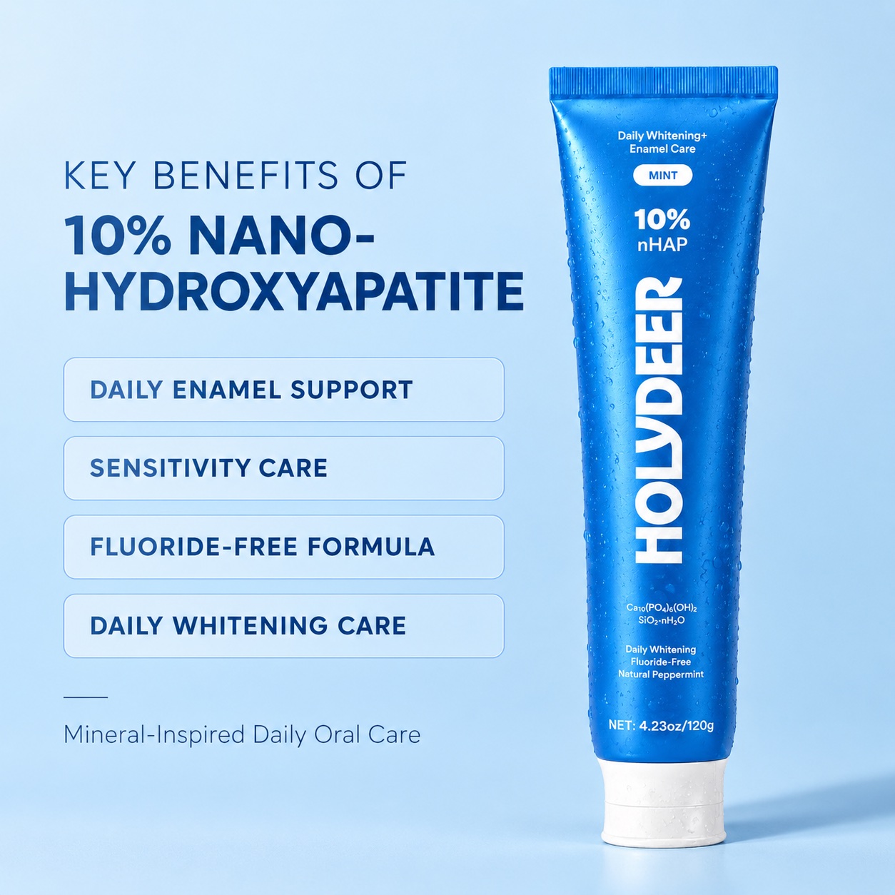HOLYDEER 10% nano-hydroxyapatite mint toothpaste key benefits