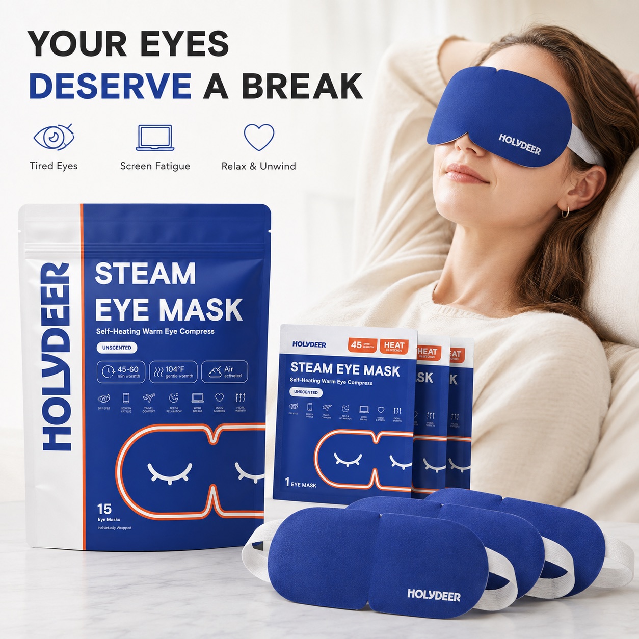 Woman relaxing with a Holydeer steam eye mask